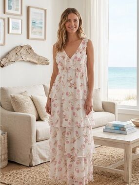 Sleeveless V-Neck Tiered Floral Maxi Dress - White with Pink Floral
